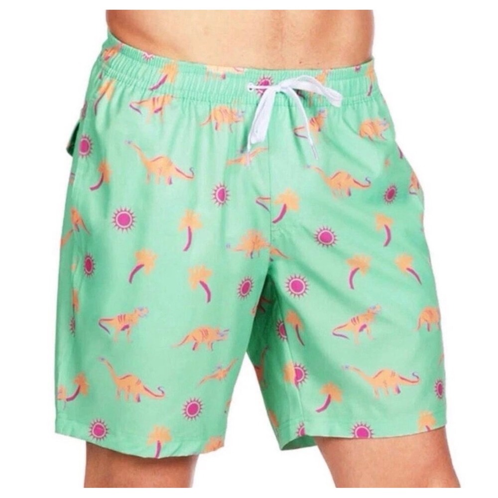 Mens Aqua Dinosaur Palm Tree Swim Trunks Shorts Elastic Waist‎ Drawstring